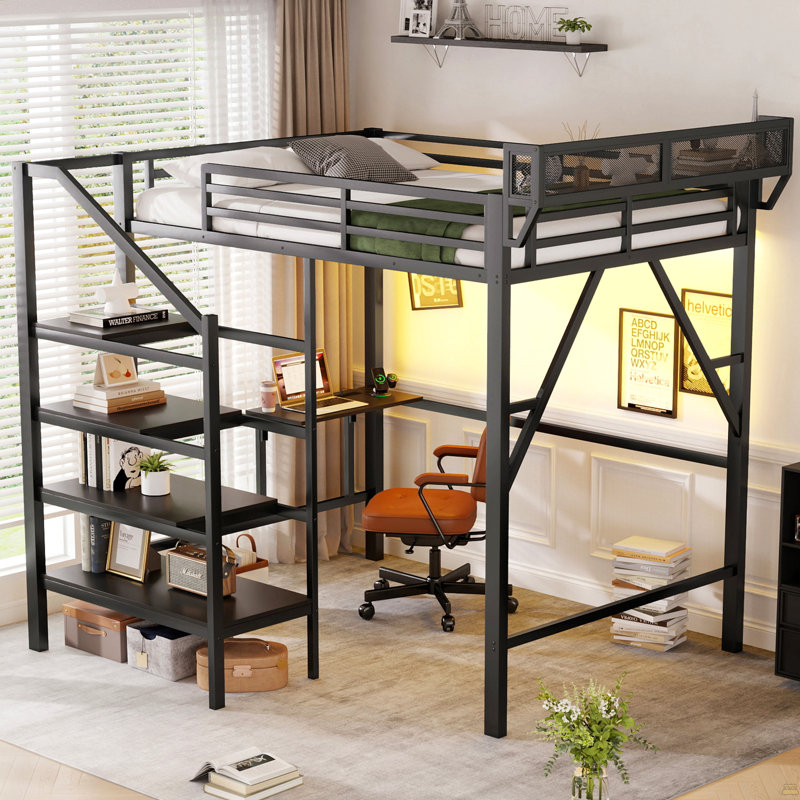 Lit mezzanine double avec bureau pliable et station de charge, lit mezzanine double en métal avec bande lumineuse et rangement pour escalier