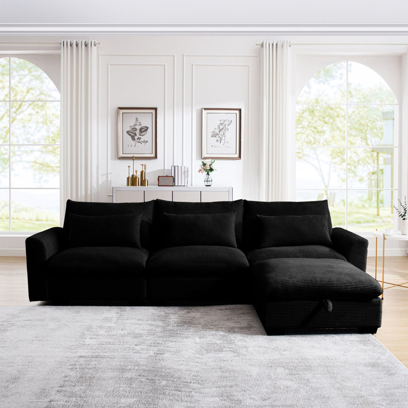 Canapé modulaire en velours côtelé pour chambre à coucher et salon, noir avec repose-pieds avec rangement, noir, 3 coussins fonction confort