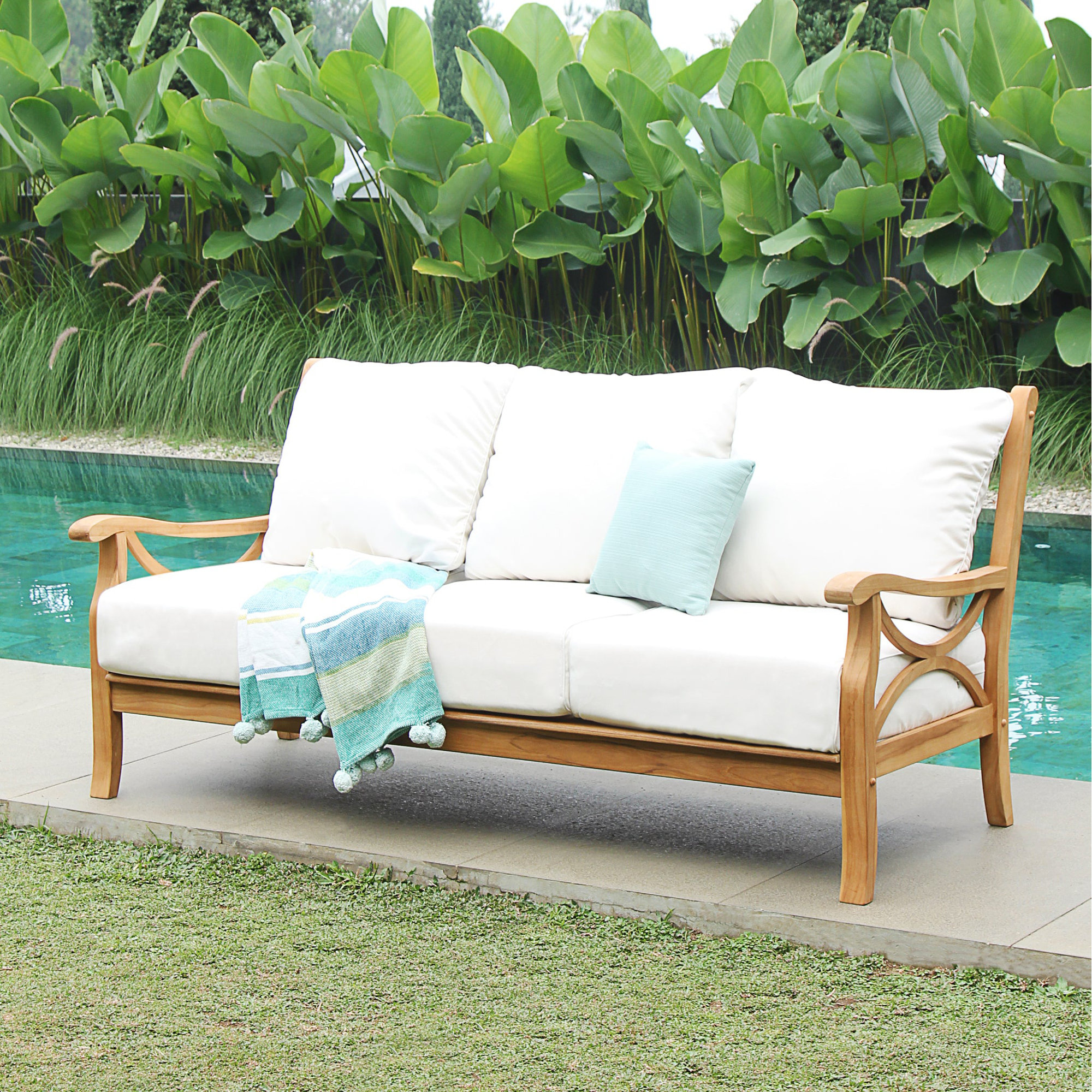Brunswick 75.5'' Wide Teak Patio Sofa with Cushions, Natural, Off White