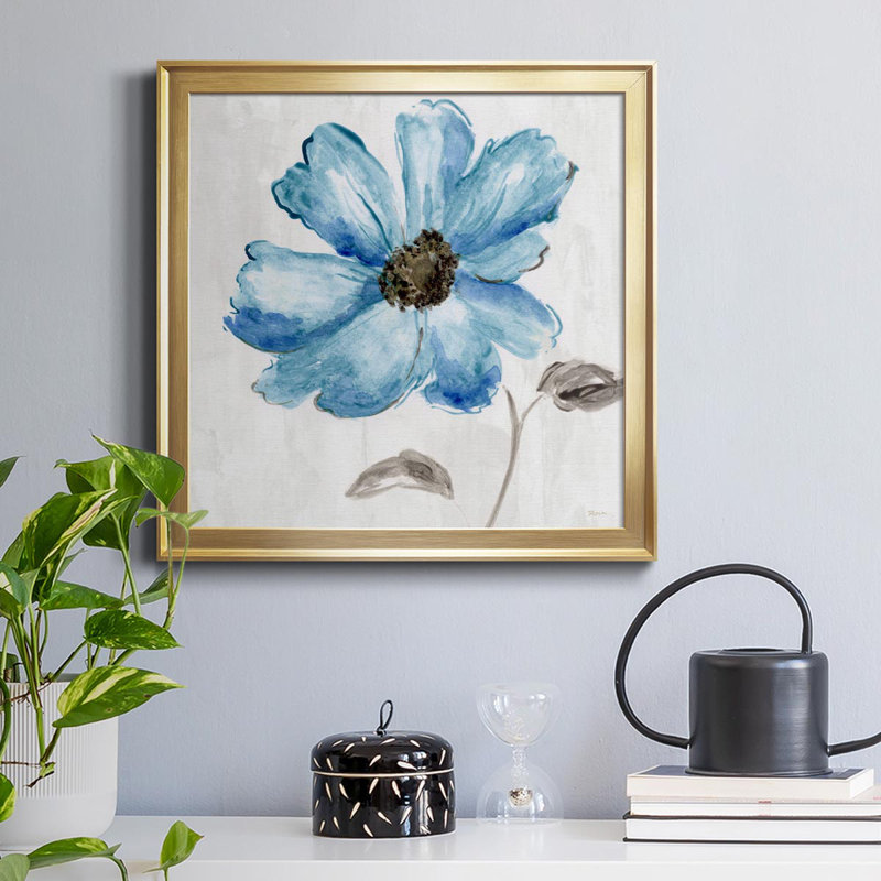 Bleu floral - peinture sur toile encadrée, Or, H 34,5 po x l 34,5 po x P 1,5 po
