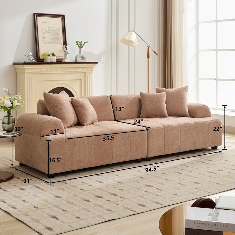 94.5” Wide Modern Style Tufted Sofa, Brown Chenille