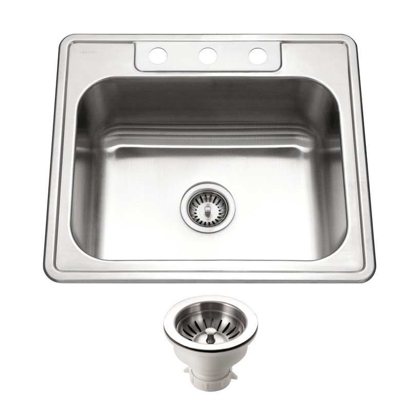 Houzer 25 in Stainless Topmount 3-hole Single Bowl 9 in Deep Kitchen Sink w/ Strainer - 2522-9BS3-C