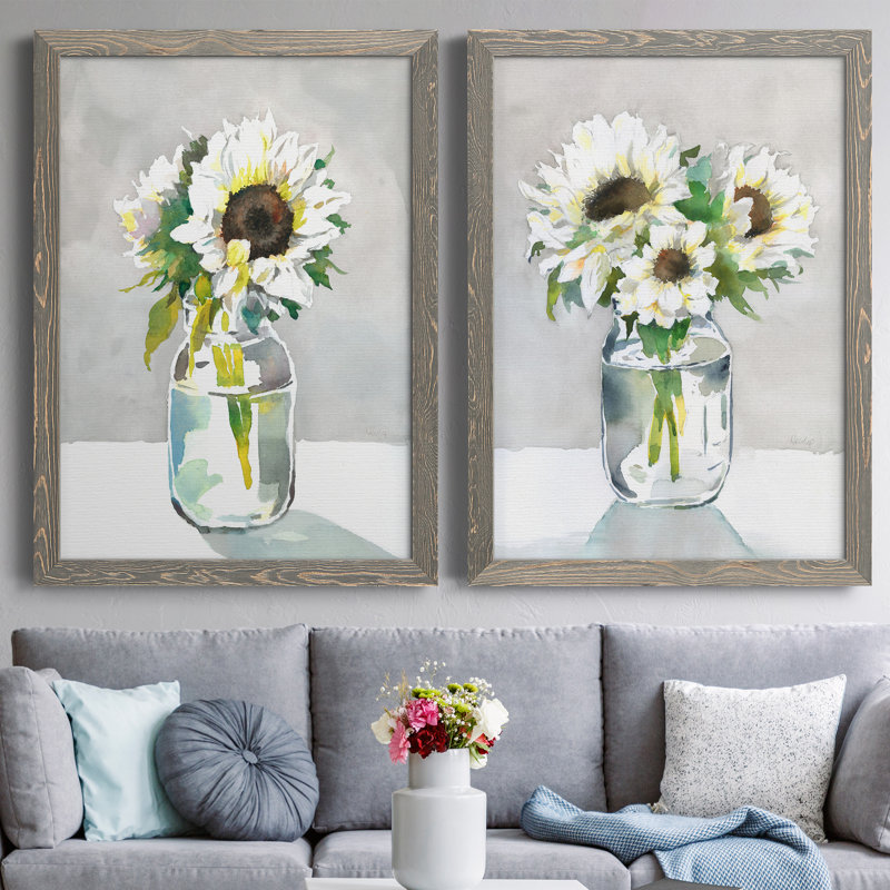 Tournesol I - ensemble de 2 peintures sur toile encadrées, H 44 po x l 31 po x P 1 po, Encadré gris