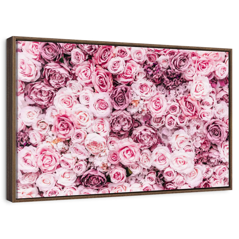 Lit de roses roses, 46 po x 31 po, Cadre flottant en noyer