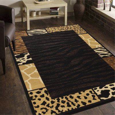 7 pi 10 po Tapis multicolore noir X 3, fabriqué à la machine 100% polypropylène avec envers en jute, style chalet rustique, pour les endroits très fréquentés et les entrées