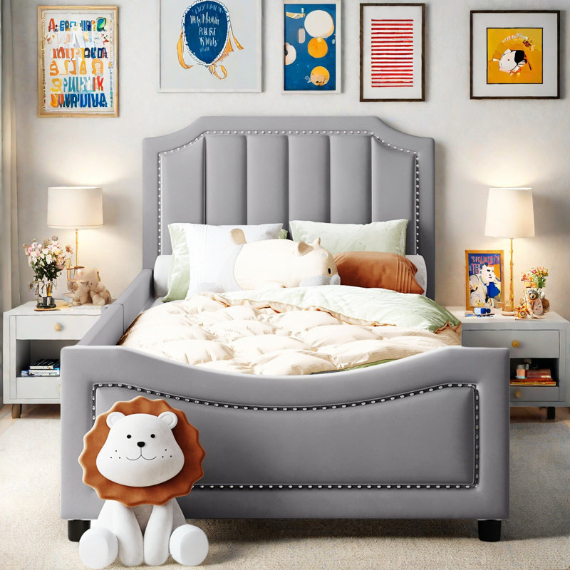 Upholstered Daybed With Classic Stripe Shaped Headboard, Gray
