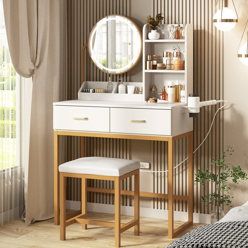 Bureau de maquillage avec miroir rond et lumières, table de maquillage pour coiffeuse, petite table de coiffeuse pour chambre à coucher avec beaucoup de rangement, 3 modes d'éclairage, 31,5 po (L)