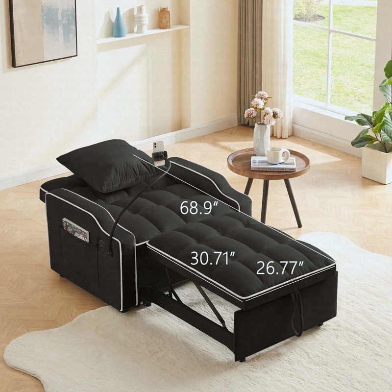 Canapé-lit inclinable 3 en 1 avec port USB et dossier réglable, noir, Black