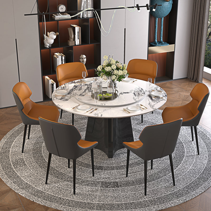 Ensemble de table de salle à manger de 51 po pour 6 personnes, table moderne en pierre frittée avec plateau tournant et chaises de salle à manger