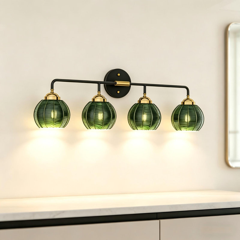 Éclairage pour salle de bain 32 lumières en verre nervuré vert 32 pouces, Quatre lumières, H 9,8 po x l 32 po x P 4 po