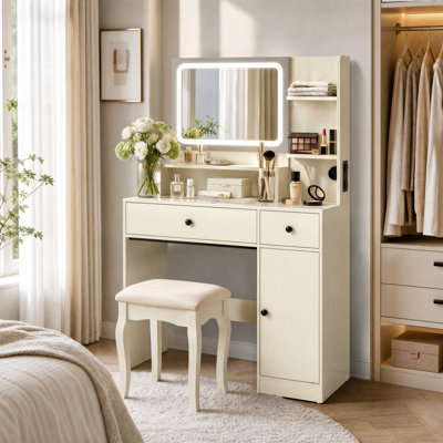 36" Wide Makeup Vanity With Charging Station and LED Mirror, Vanity Desk with 2 Drawers, 2 Shelves and Storage cabient for bedroom