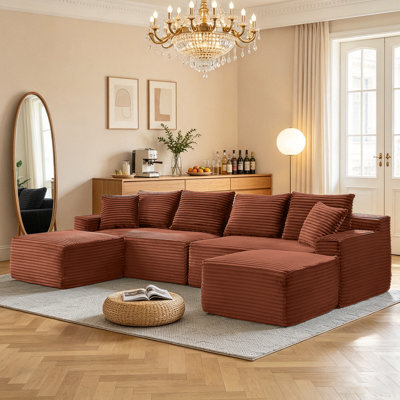 Canapé modulaire en velours côtelé avec 2 repose-pieds mobiles, aucun assemblage requis