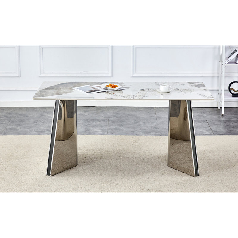 Marble-Patterned Slab Dining Table, Silver, White/Gray, 30"H x 63"L x 31.5"W