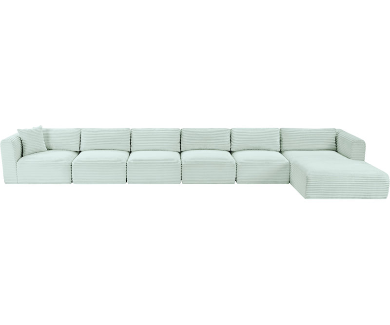 Canapé modulaire en L Carmean Performance, Velours côtelé texturé velours menthe, 4 sans accoudoirs, 1 méridienne, 1 coin