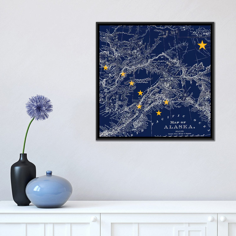 Drapeau d’alaska, carte carrée, impression sur toile, H 18 po x l 18 po x P 1,5 po, Toile avec cadre noir, Pas de tapis