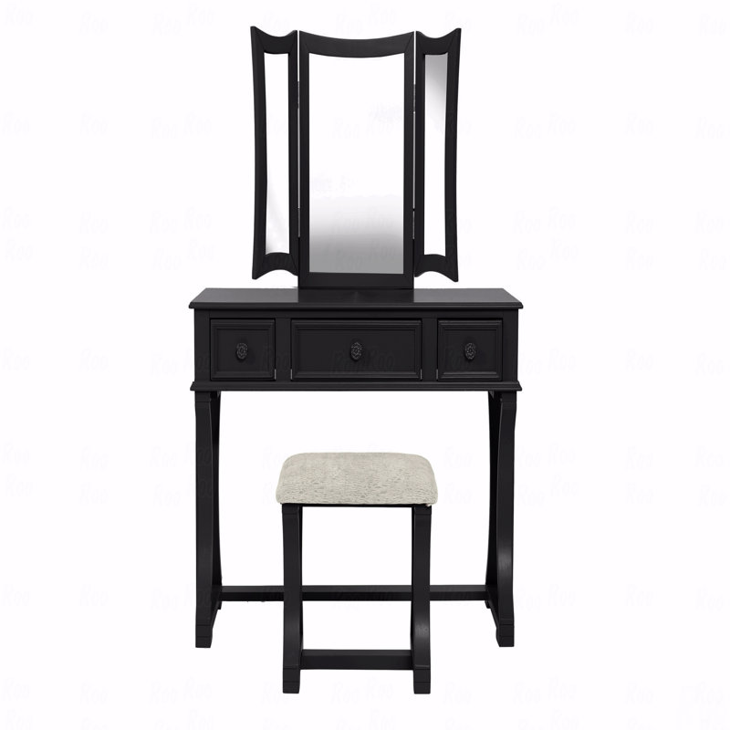 Unique Modern Style Bedroom Makeup Vanity  W Stool Foldable Mirror Drawers Black Finish Mdf Veneer 1Pc Makeup Vanity, Black