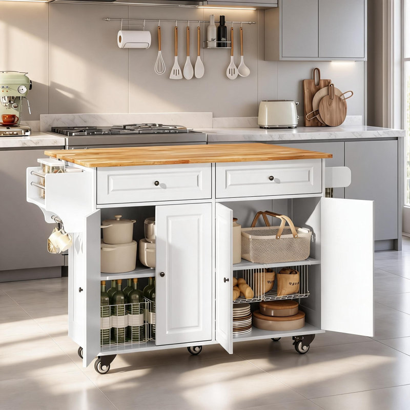 Îlot de cuisine en bois massif, Base blanche / comptoir brun
