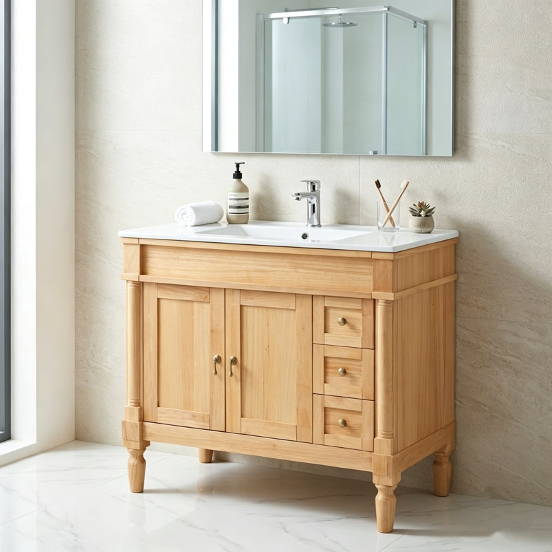 Meuble-lavabo simple avec comptoir en céramique, armoire de salle de bain autoportante moderne en bois massif avec quincaillerie dorée, portes et tiroirs à fermeture en douceur et tablette en U réglable (robinet non inclus)
