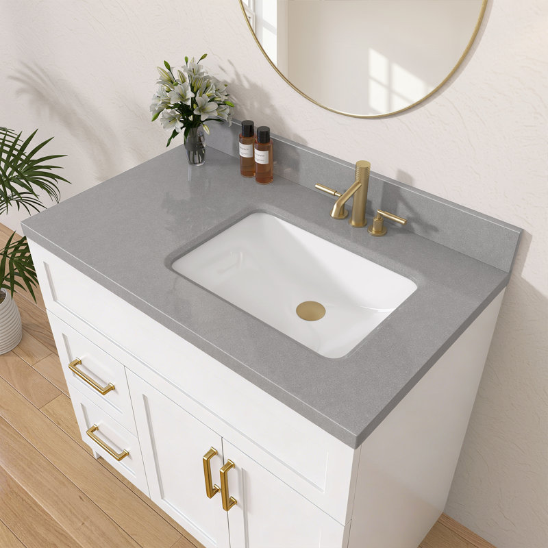 Comptoir de meuble-lavabo simple 36 po avec lavabo, comptoir de salle de bain en pierre d'ingénierie grise, conception de lavabo décalé à droite, trous de robinet de 4 po, comptoir de remplacement