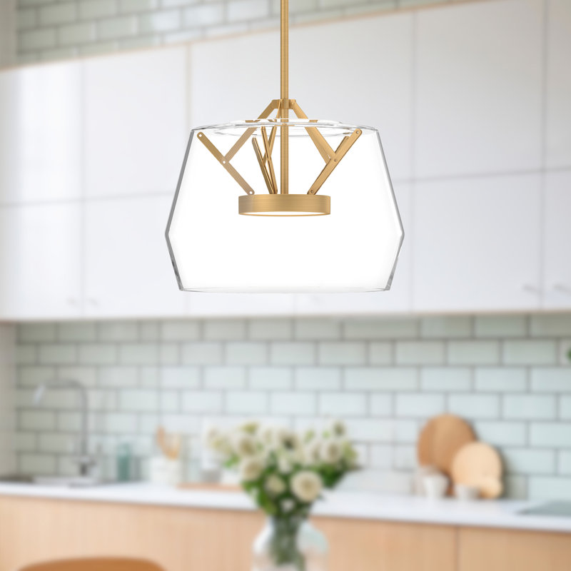 1 - Light LED Pendant, 7.88" H x 11.75" W x 11.75" D, Clear, Brushed Gold