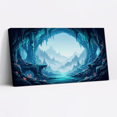 «Teal Glowing Cave Tunnel View of Misty Mountains», art mural sur toile