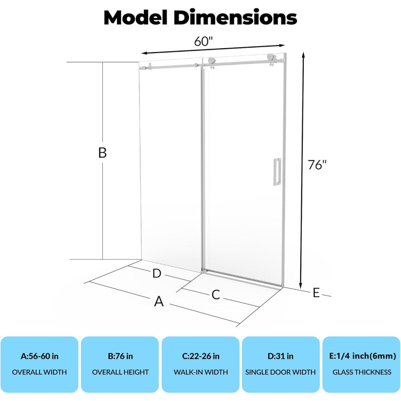 Frameless Sliding Shower Door 56-60 inch W×76 inch H, Stainless Steel Round Rail with 55 Rollers, 8mm Tempered Glass, One Fixed One Sliding Door, Brushed Nickel Finish for Modern Bathroom