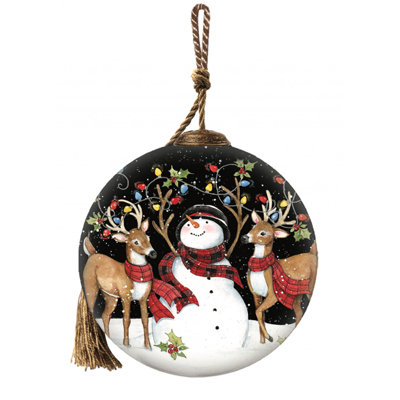 Ornement en verre soufflé à la bouche bonhomme de neige et renne dans les lumières des Fêtes