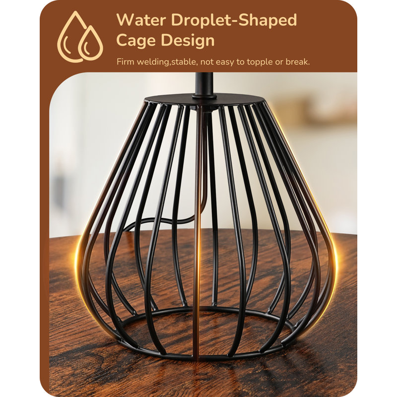 28.5cm Black Water Drop Iron Cage Base Table Lamp With Paper Rope Lampshade