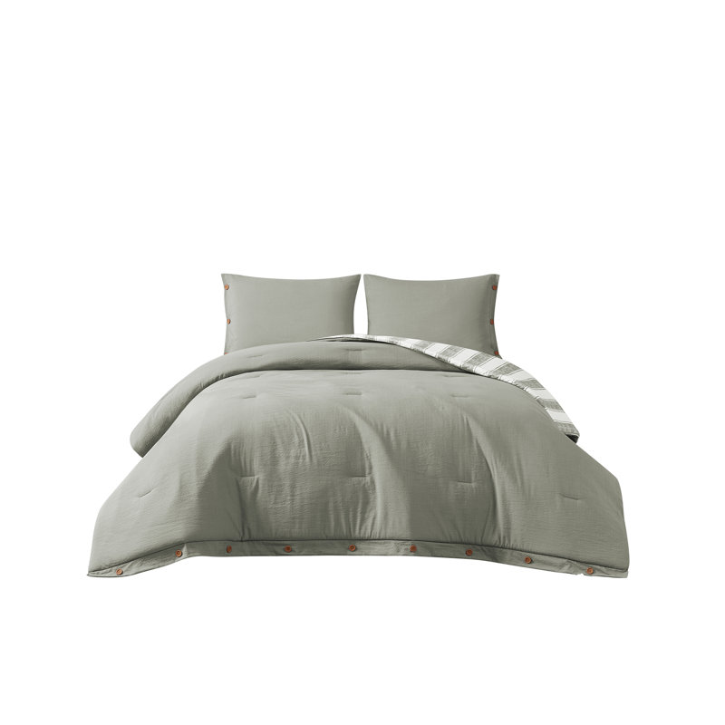 Lina 3 Piece  Faux Linen Textured Reversible Striped Comforter Set, King, 3, Sage