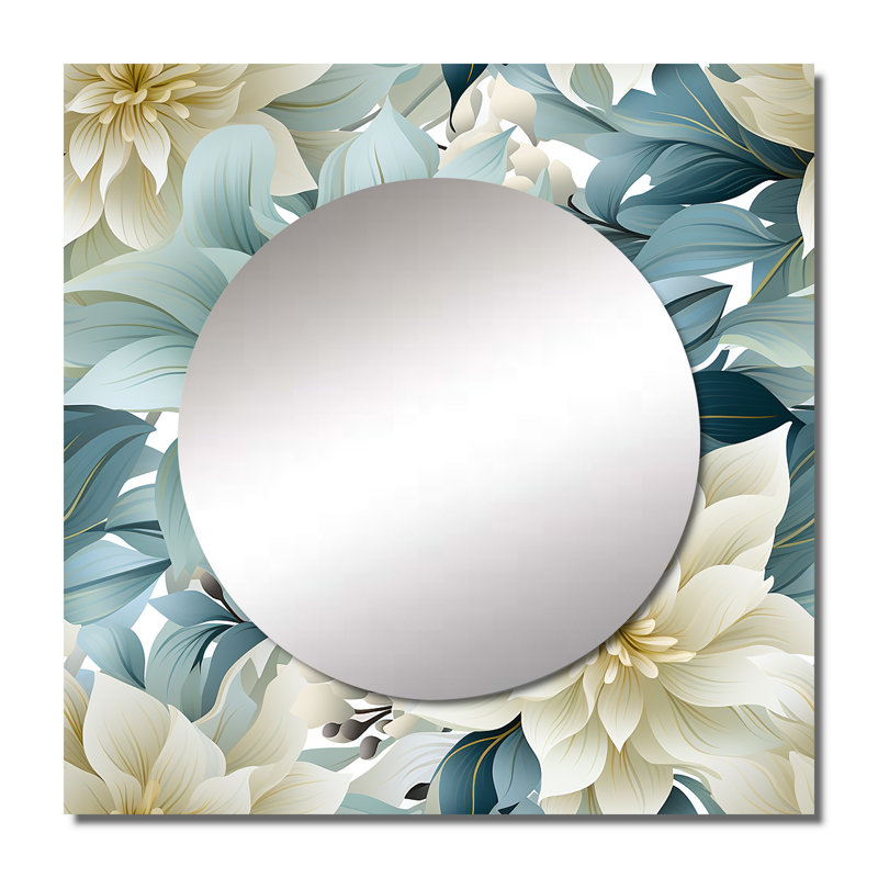 Décoration murale zen gris et blanc à fleurs - Miroir floral carré pour chambre à coucher, 23 po x 23 po