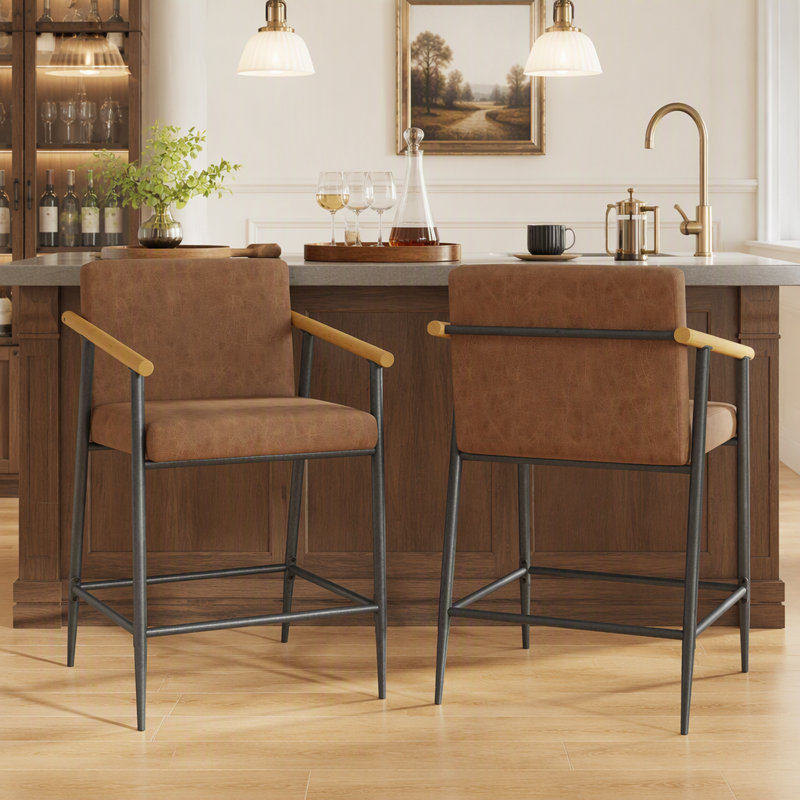 Tabouret de comptoir avec cadre en fer - ensemble de 2 - noir et brun rougeâtre, Brun