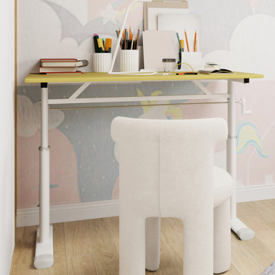 Desk For All Ages, Adjustable Height By Hand - Cranking, White Table Legs, Double Column Structure, Good Home Study Compact Design Desk, Wood Colored