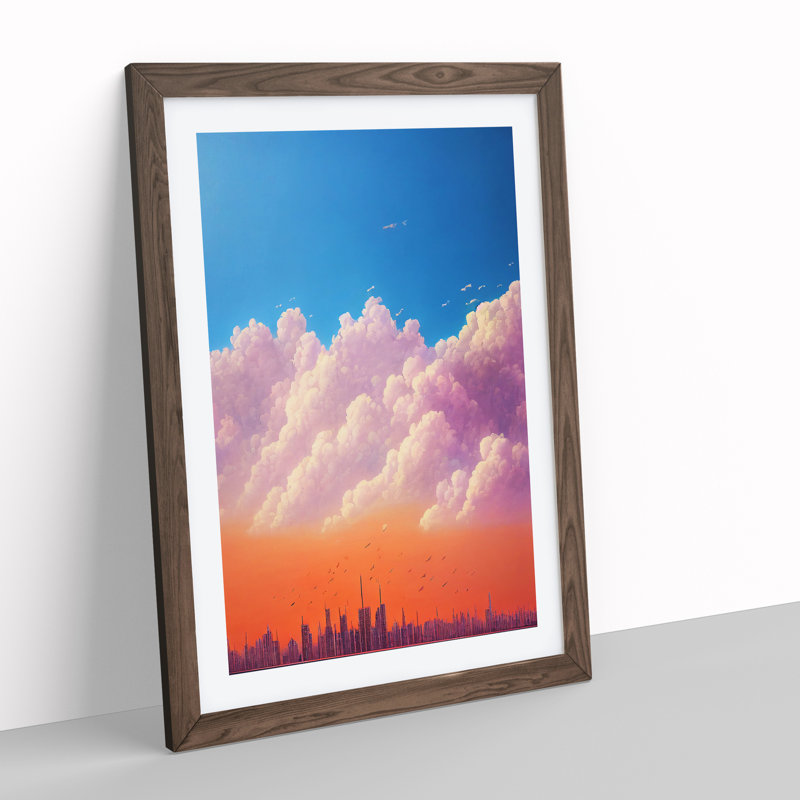 City Skyline Under Clouds - Print, 66cm H x 48cm W x 2cm D, Walnut Framed, White