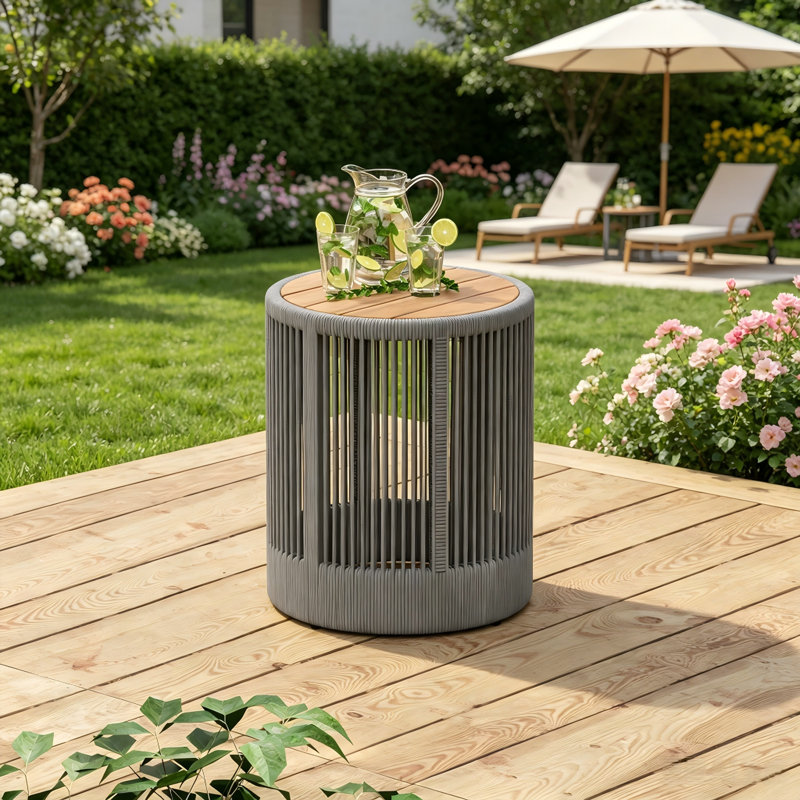 Table d'appoint d'extérieur en corde de rotin et bois d'acacia - Mobilier de patio résistant aux intempéries pour le jardin et le balcon - Gris / fer naturel | Idée de cadeau