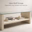 Table basse rectangulaire en verre Strata Meridian 43 po avec piètement en bois plaqué marbre et étagère ouverte, beige
