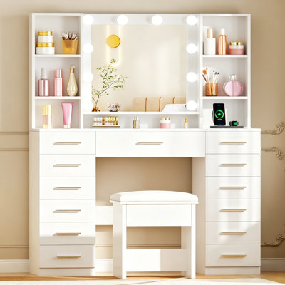43.3" Makeup Vanity With Mirror & Lights, Power Outlet, 13 Drawers & 7 Shelves, Glass Top and Cushioned Stool