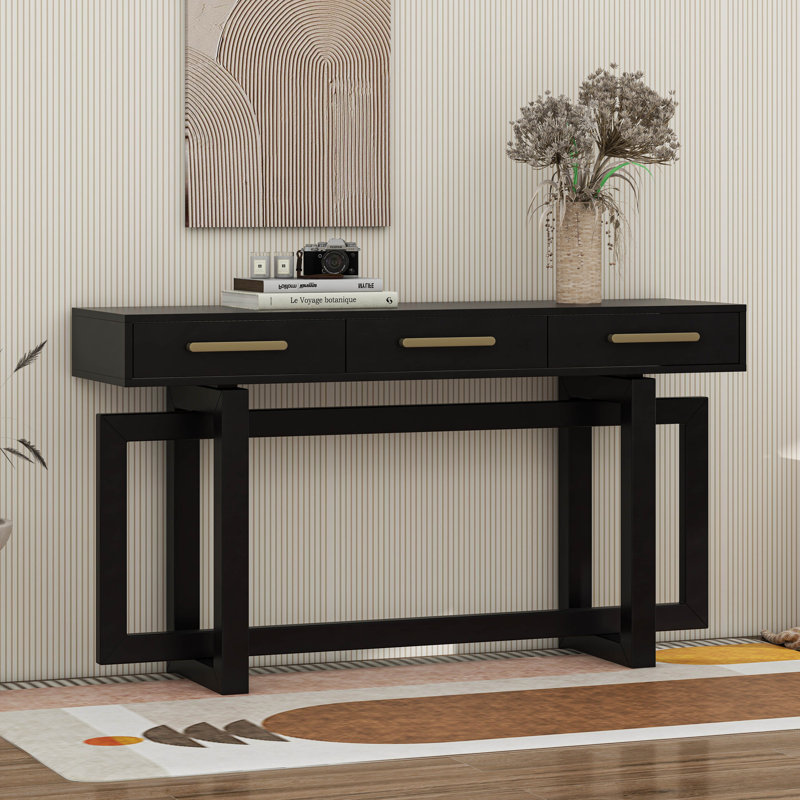 Console élégante avec trois tiroirs, table d'entrée très longue, Noir