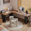 Bureau brun en bois massif en forme de L + fer-108066730-108066733