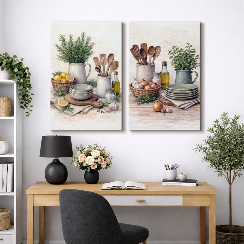 «Rustic Kitchen Herbs and Utensils, H 36 po x l 48 po x P 1,5 po, Toile tendue