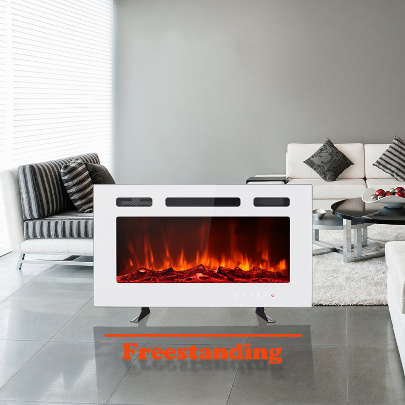 Ultra-thin Electric Fireplace Low Noise, Touch Screen & Remote Control, With Crystal & Log Set, 17" H x 30" W x 4.1" D, White