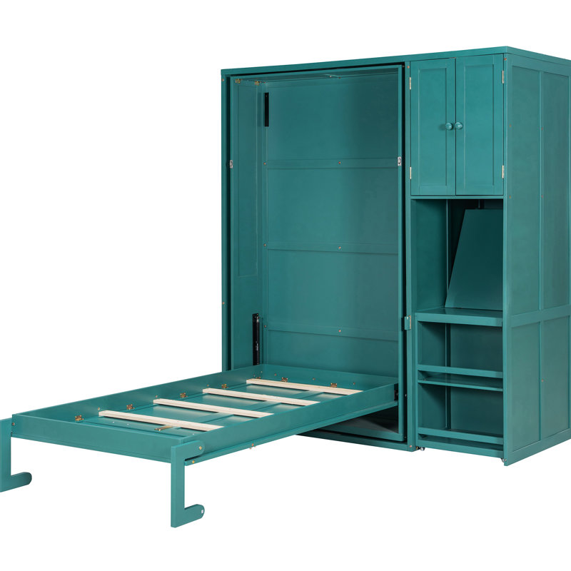 Lit simple bleu sarcelle rotatif avec bibliothèque intégrée, rangement pour armoire supérieure, bureau escamotable et unités de rangement latérales intégrées au mur, espace peu encombrant, table de travail pliable et tablette supplémentaire