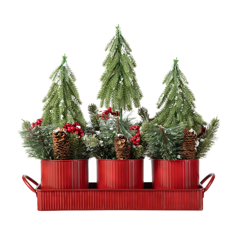 21"L Christmas Potted Triple Trees Centerpiece Or Table Tree