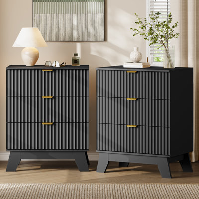 Ensemble de chambre à coucher 3 pièces, commode double cannelée à 9 tiroirs de 57 po de largeur et deux tables de chevet à 3 tiroirs
