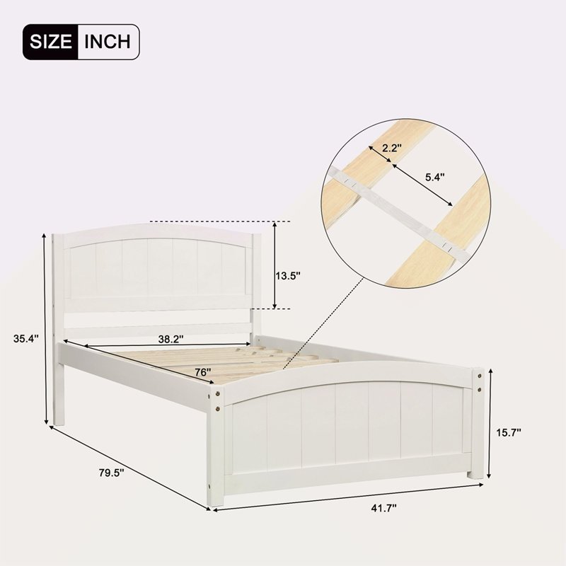 Lit plateforme en bois avec tête de lit, pied de lit et lattes en bois, Blanc