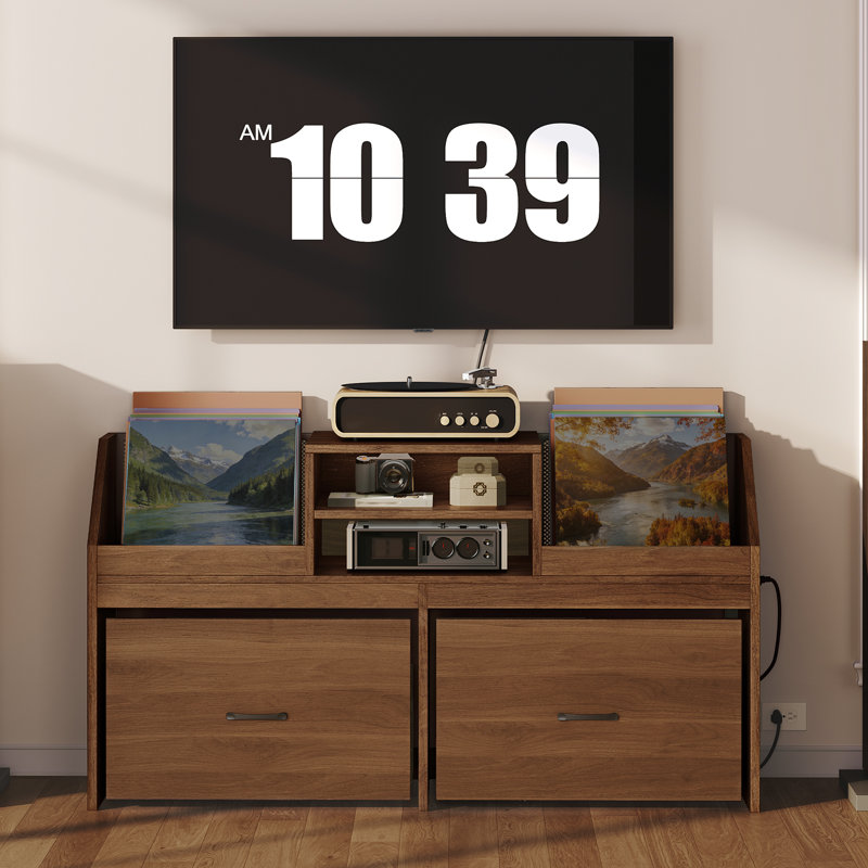 Grand support pour tourne-disque avec station de charge et 2 tiroirs coulissants, armoire de rangement pour disques