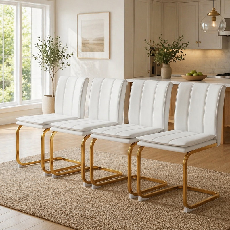 Ensemble de 4 chaises de salle à manger modernes, chaises de cuisine en similicuir blanc, chaises de restaurant, White+Gold