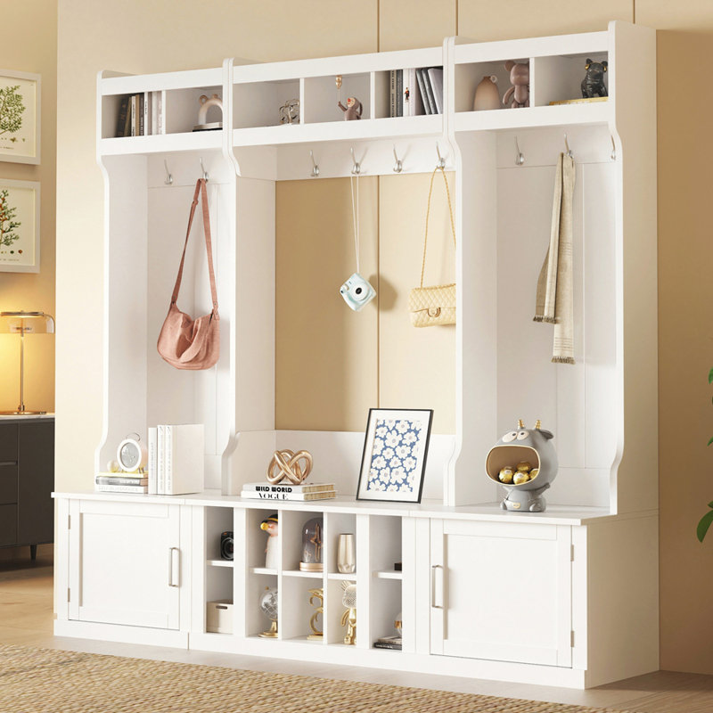 Wide Design Hall Tree with Storage and Bench, 4-IN-1 Multi-functional Entryway Bench with Coat Rack and Shoe Cubbies, Practical Furniture for Hallway