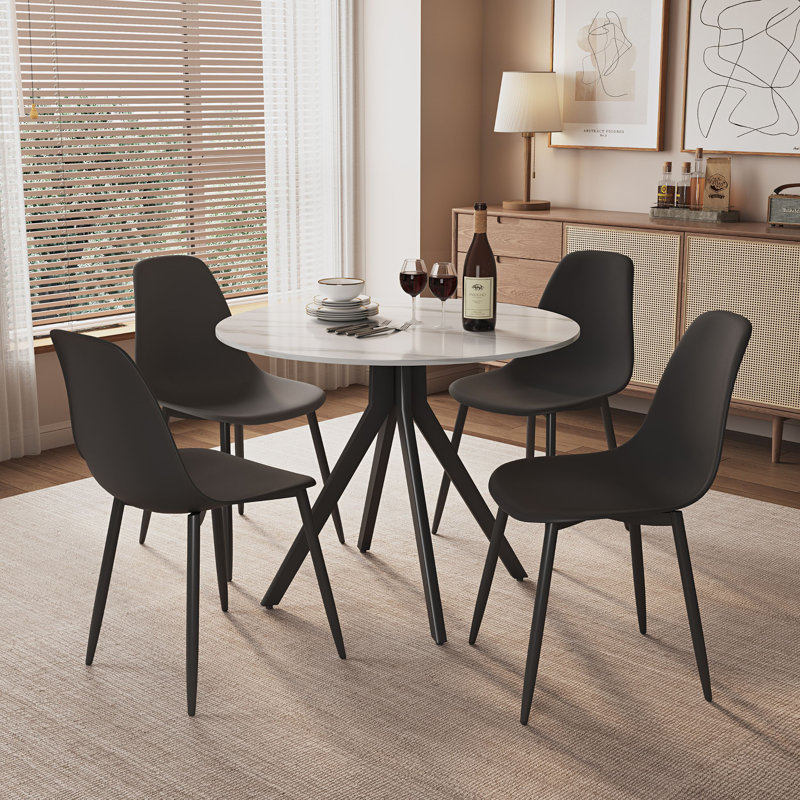 Aspen Gloss White Sintered Stone Round Table with 4 Plastic Curve Chairs - Modern Dining Set, Black