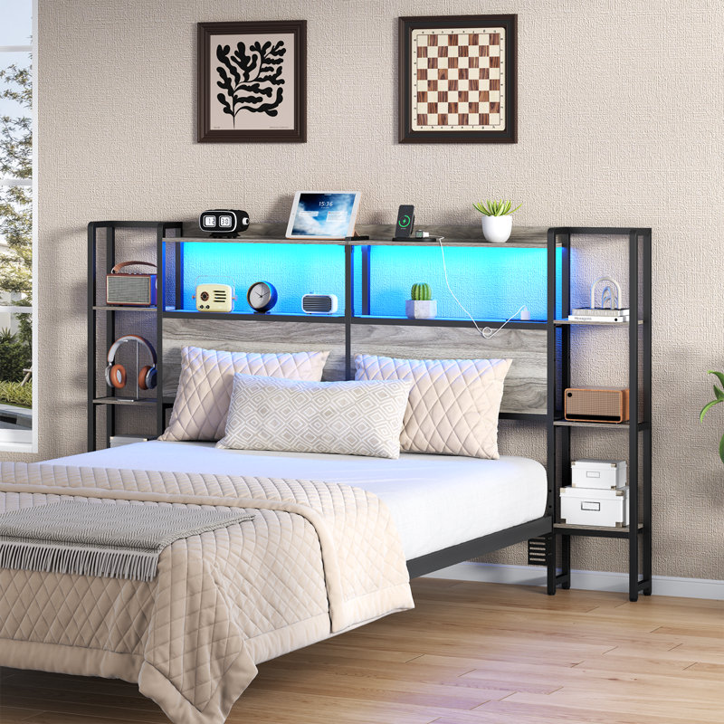Tête de lit en métal pour lit avec tablettes de rangement, têtes de lit avec station de charge et lumières DEL pour la chambre à coucher