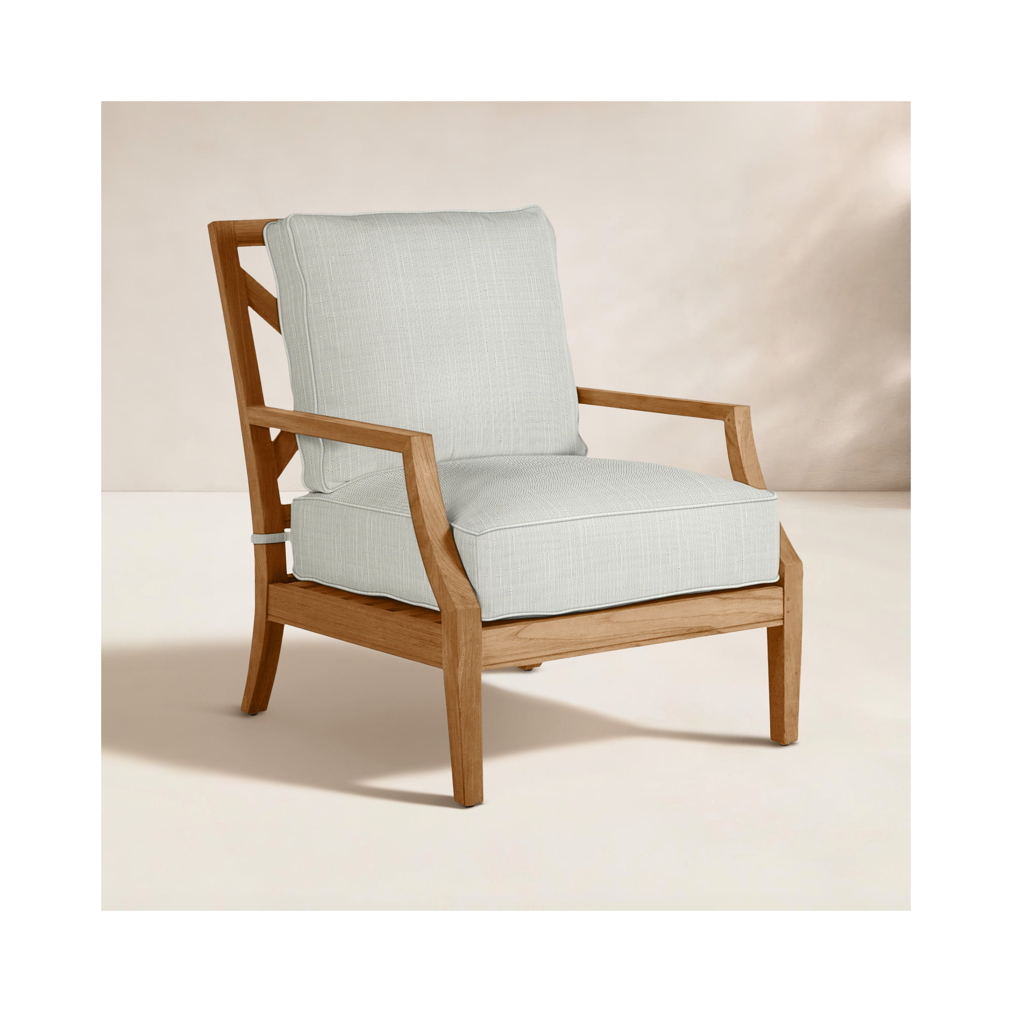 Haley Teak Outdoor Lounge Chair Latticework Back, Verona Silver Sunbrella®, Natural Teak, Welt + Standard fill